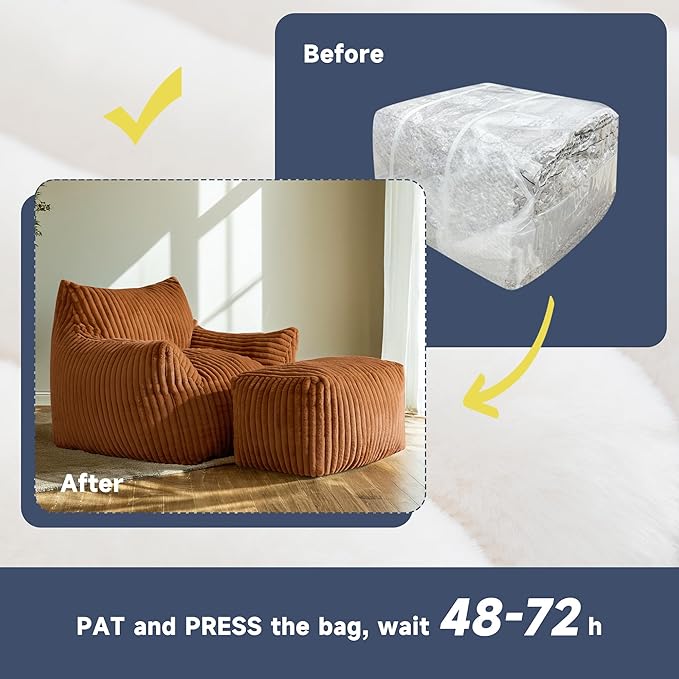 Giant Bean Bag Chairs for Adults, Oversized Chaise Lounge Chair Indoor with Memory Foam - Plush Boneless Lounger & Ottoman for Bedroom, Living Room, Gaming & Reading, Lazy Floor Sofa Chair, Orange-Ruum Studio Home