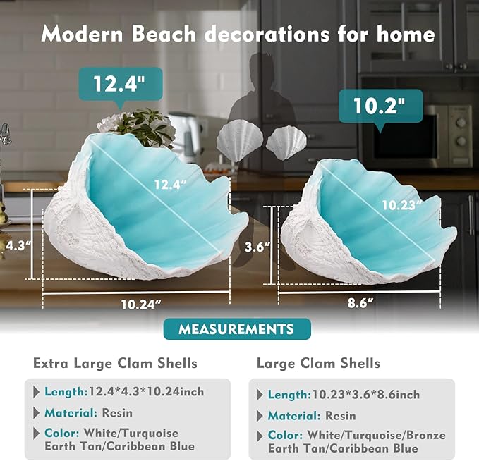 Large Turquoise-Aqua blue Sea Shells Decorative Bowl Resin Clam Shell Bowl Beach Decorations for Home Coastal Beach Decor Decoration Storage Bowls & Home Office Nautical Themed Party Decor -10.2-1PC-Ruum Studio Home