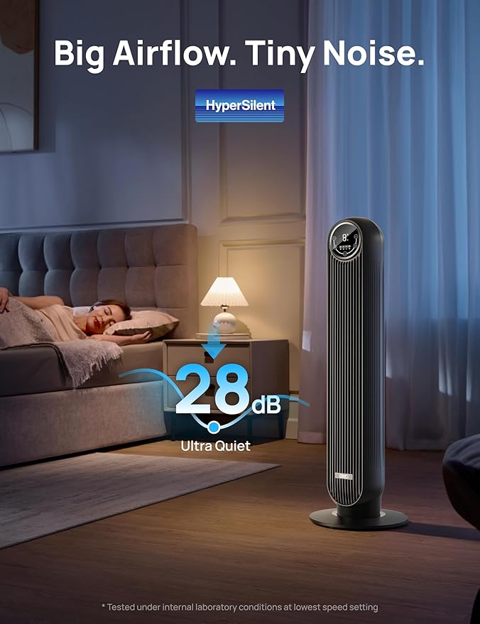 Dreo Tower Fan for Bedroom, 25ft/s Velocity Quiet Floor Fan, 90° Oscillating Fans for Indoors with 4 Speeds, 4 Modes, 8H Timer, Standing Fans, Bladeless Fan, Black, Nomad One (DR-HTF007)-Ruum Studio Home