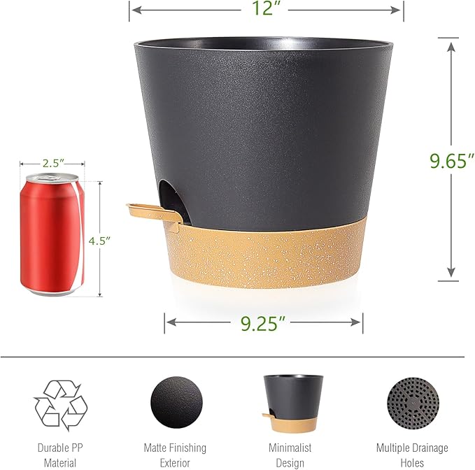 Self Watering Pots for Indoor Plants,12 inch Planters with Drainage Holes Plastic Flower Pots with Deep Reservoir, Black with Brown-Ruum Studio Home