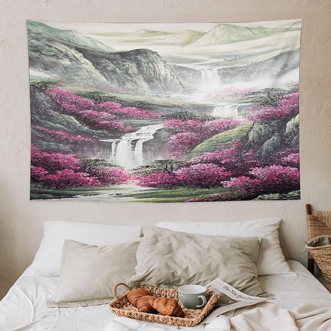Japanese Tapestry, Red Plum Blossom Mountain Tapestry, Asian Japanese Wall Tapestry, Nature Landscape Tapestries for Bedroom Living Room Decor 60"x40"-Ruum Studio Home