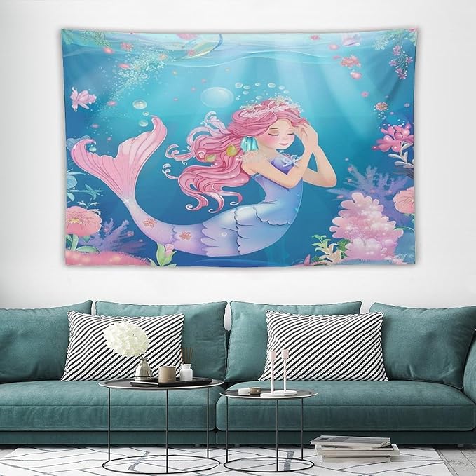 HZOHNAGO Mermaid Girls Tapestry Watercolor Flowers Mermaid Princess Blessing Pattern for Kids Room Decoration Printed Wall Tapestry Wall Hanging for Bedroom Living Room Dorm 90" W x 60" H-Ruum Studio Home