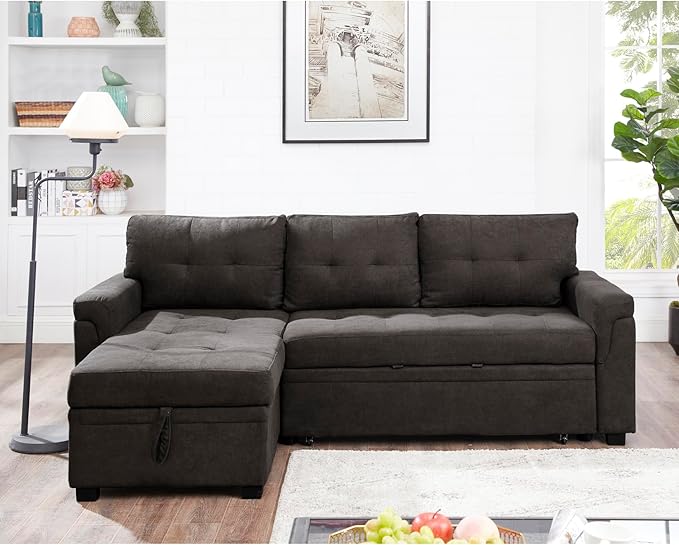 Naomi Home L-Shaped Reversible Sectional Sofa with Pull-Out Sleeper Bed and Storage Chaise, Espresso Velvet-Ruum Studio Home