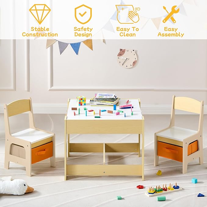 Kids Table and Chair Set, 3 in 1 Wooden Activity Table with Detachable Tabletop, Toddler Table and Chair Set with Storage Drawer, Kids Play Table for Children Art, Craft, Eating, Learning-Ruum Studio Home