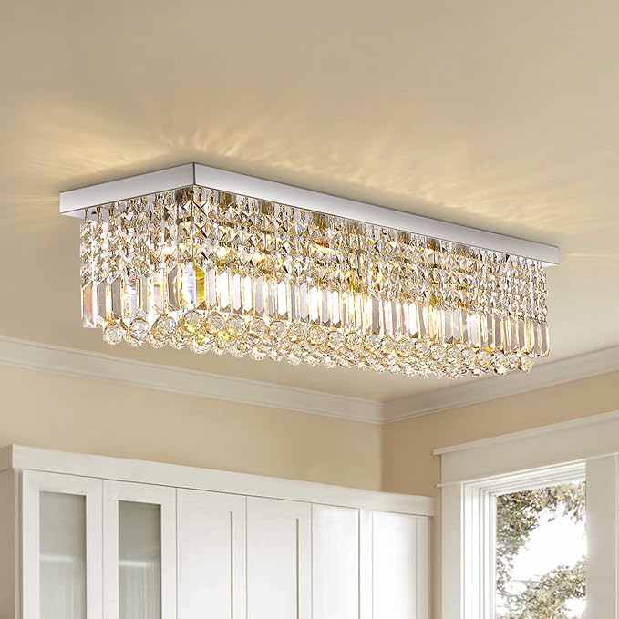 Siljoy Modern Crystal Chandelier 8-Lights Rectangular Flush Mount Pendant Ceiling Light Fixture Rectangle K9 Crystal Raindrop Chandelier for Dining Living Room Kitchen Island L40'' x W10'' x H10'-Ruum Studio Home
