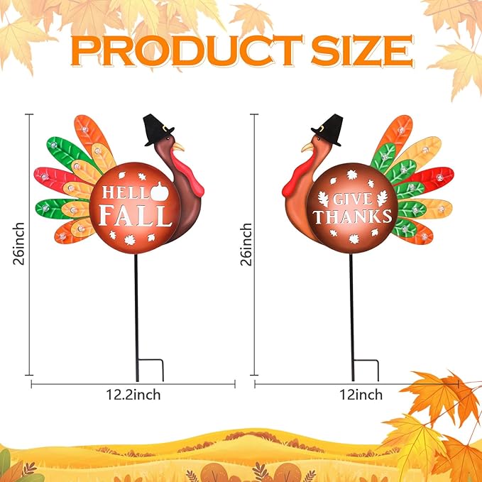 2 PCS Happy Fall Yard Signs Metal Thanksgiving Decorative Garden Stakes with Led Light Turkey Give Thanks Yard Stakes Fall Harvest Lawn Garden Lawn Pathway Decor-Ruum Studio Home