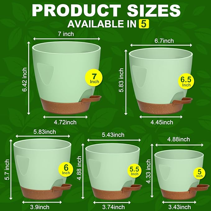 Uneed Indoor Self Watering Planters with Drainage Holes and Saucers, 7/6.5/6/5.5/5 Inch-5 Pots,for Indoor Plants, Herbs, Succulents-Green-Ruum Studio Home
