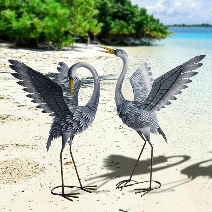 24-27 Inch Standing Crane Garden Sculptures & Statues, Crane Metal Yard Art for Backyard, Lawn, Patio, Porch, Birthday, Wedding Decorations, Gray-Ruum Studio Home