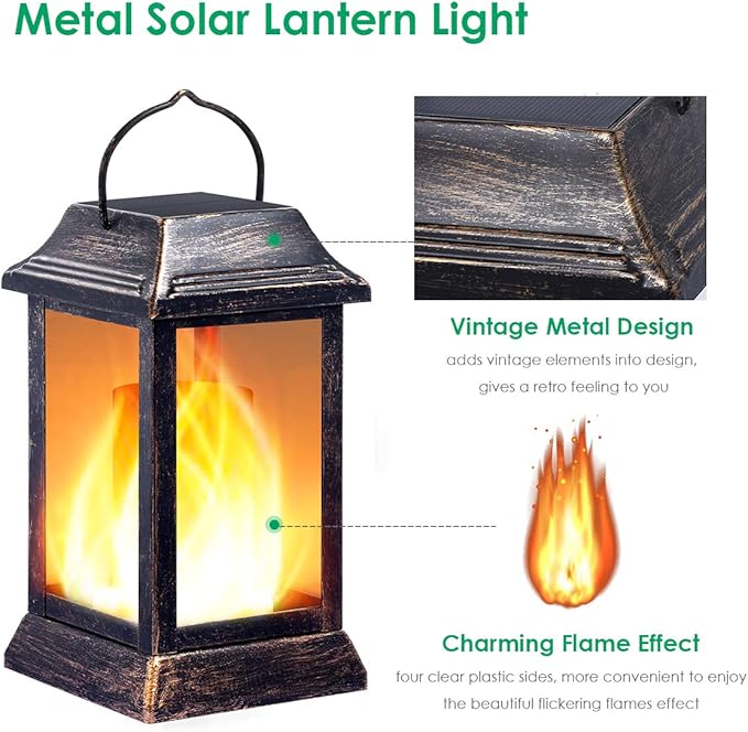 TomCare Solar Lights Metal Flickering Flame Solar Lantern Outdoor Hanging Lanterns Lighting Heavy Duty Solar Powered Waterproof LED Flame Lights for Patio Garden Christmas Decorations, 2 Pack (Bronze)-Ruum Studio Home