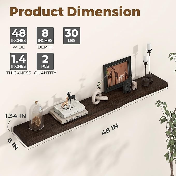 Axeman 48 inch Floating Shelves for Wall - 8'' D Live Edge Rustic Solid Elm Wood Floating Shelves Wall Mounted, Hanging Shelves with Invisible Bracket for Living Room Bedroom Kitchen, Walnut-Ruum Studio Home