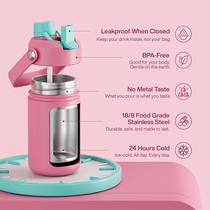 Kids Insualated Water Bottle with Straw - 12oz Stainless Steel Water Bottle with Dual Spouts, Leak-Proof, BPA-Free, Double Wall Vacuum Keeps Cold for 24 Hours for Sports, Travel, School (Tulip)-Ruum Studio Home