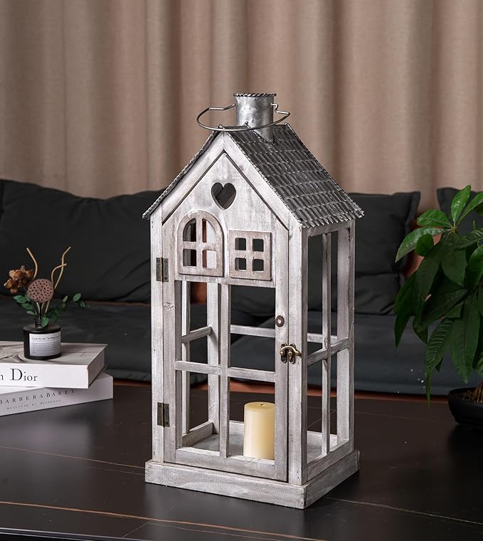 Large Farmhouse Wooden Metal Candle Lantern Set of 2, Rustic Decorative Floor Lanterns, Indoor/Outdoor Village Houses Lantern for Home Decor (No Glass)-Ruum Studio Home