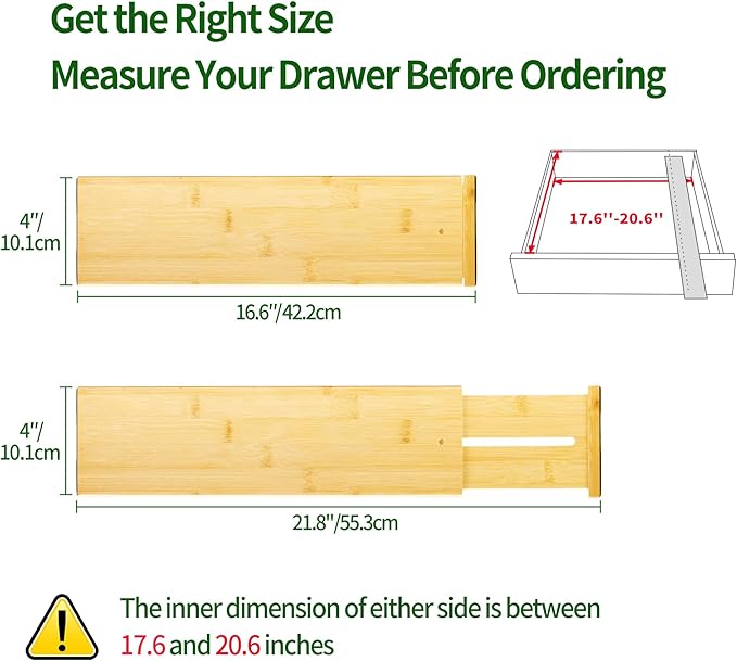 VaeFae 3 Pack Bamboo Drawer Dividers, 4" High Adjustable 16.6" - 21.8" Clothes Drawer Organizers, Expandable Separators for Bedroom/Bathroom/Kitchen/Office Storage-Ruum Studio Home