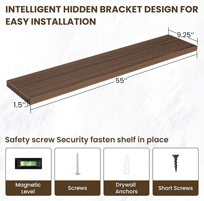 55 Inch Floating Shelves, 12 Inch Deep Floating Shelves for Wall, Floating Shelf with Invisible Brackets, Deep Wall Shelves for Bathroom, Bedroom, Living Room, 1 Pack, Walnut-Ruum Studio Home