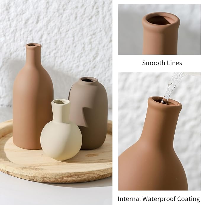 Ceramic Vases Set of 3, Modern Neutral Rustic Farmhouse Home Decor Pottery Pampas Decoration for Living Room, Table, Bathroom, Bedroom, Entryway - Brown-Ruum Studio Home