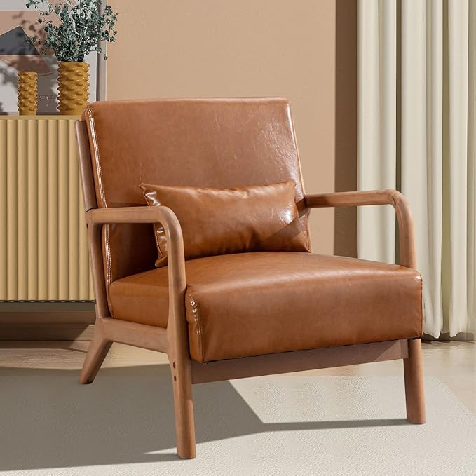 INZOY Mid-Century Modern Accent Chair Set of 2, PU Leather Reading Armchair with Waist Cushion, Upholstered Living Room Chairs for Bedroom Sunroom, Camel Set-Ruum Studio Home