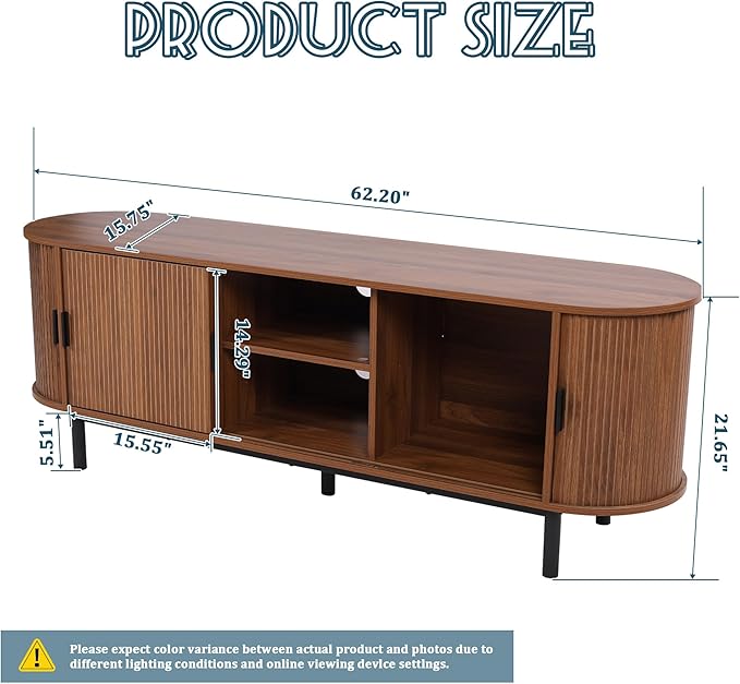 62" Tambour Door TV Stand,Wood Mid Century Modern TV Cabinet for Up to 70“ TV,Curved Edge Long TV Stand with Storage for Bedroom Living Room(Walnut, 62.2inch)-Ruum Studio Home
