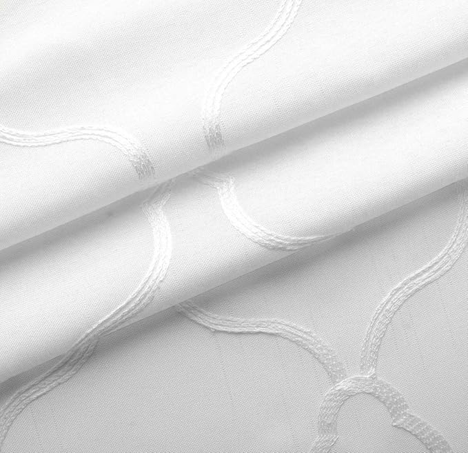 MIUCO Moroccan Embroidery Semi Sheer Curtains Faux Linen Grommet Window Curtains for Bedroom Living Room 63 Inch Length 2 Panels, Pure White-Ruum Studio Home