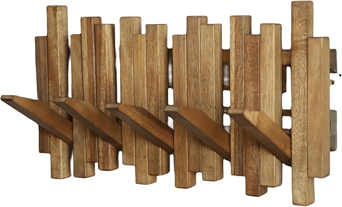 Natural Wood Wall Mounted Piano Coat Rack| Coat Rack Wall Mount| Flip Down Wall Hook Rack 5 Hooks| Entryway Wall Art Hook,Made of Acacia Wood (Wood Wax Oil staining Light Brown).-Ruum Studio Home
