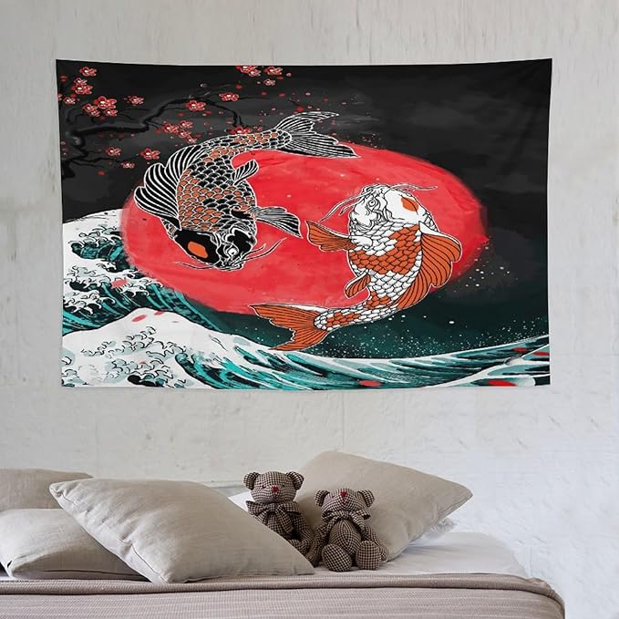 Houselerax Koi Fish Tapestries,Japanese Style Yin Yang Big Wave Cherry Blossoms Tapestry Wall Hanging for Bedroom Living Room Office Decor 60"x40"-Ruum Studio Home