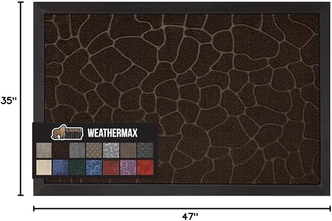 GORILLA GRIP 100% Waterproof All-Season WeatherMax Doormat, 47x35, US Designed Natural Rubber, Stain and Fade Resistant, Low Profile Indoor Outdoor Door Mats, Easy Clean Patio Mat, Dark Brown Pebble-Ruum Studio Home
