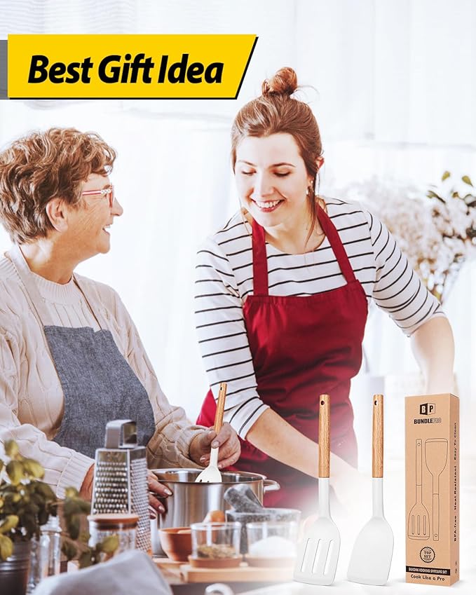 Pack of 2 Silicone Cooking Spatula, Heat Resistant Solid Turner, Non Stick Slotted Spatulas with Wooden Handle,Ideal Wood Kitchen Utensils Set for Frying, Baking, Flipping, Turning (WHITE)-Ruum Studio Home