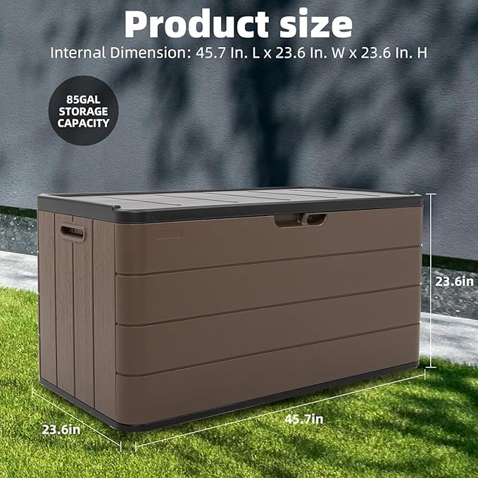 100 Gallon Plus Resin Deck Box, Waterproof Outdoor Storage Bin for Patio Furniture, Pool Accessories, and Garden Tools, Lockable & UV-Resistant, Brown-Ruum Studio Home