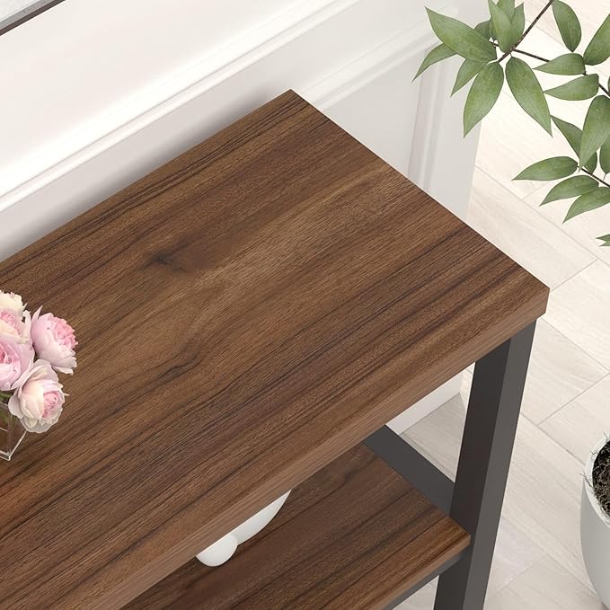 FOLUBAN Console Table for Entryway, Narrow Sofa Table with 3 Tier Storage Shelf for Living Room Hallway Behind Couch, Rustic Walnut-Ruum Studio Home