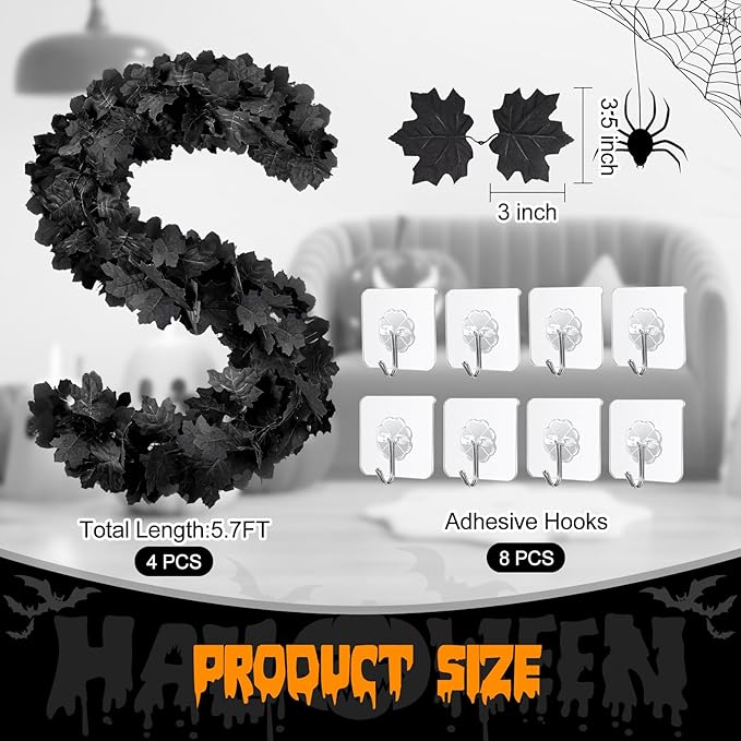 Joyhalo 4 Pack Halloween Garland, 5.7FT Black Maple Leaf Garland Halloween Decor, Spooky Black Leaves Vines Outdoor for Mantle, Home, Office, Stair Railing, Door Frame, Fireplace and Fall Decorations-Ruum Studio Home