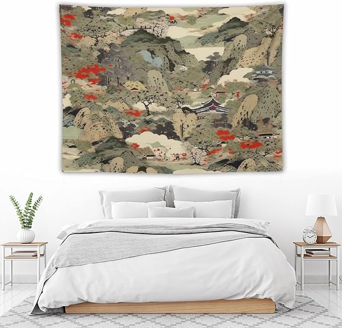 Asian Tapestry,Japanese Red Landscape Asian Watercolor Abstract Art Tapestry, Asian Japanese Wall Tapestry, Nature Landscape Tapestries for Bedroom Living Room Decor 80"x60"-Ruum Studio Home