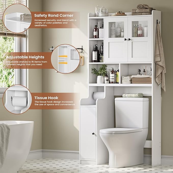 Itaar Over The Toilet Storage Cabinet, Over Toilet Bathroom Organizer with Glass Doors & Toilet Paper Holder Stand, Home Space-Saving Toilet Rack, for Bathroom, Restroom, Laundry(White)-Ruum Studio Home