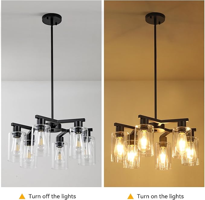 6-Light Modern Farmhouse Black Chandelier, Dining Room Light Fixture Over Table Adjustable Height Hanging Industrial Pendant Lights Kitchen Island, Clear Glass Shade-Ruum Studio Home