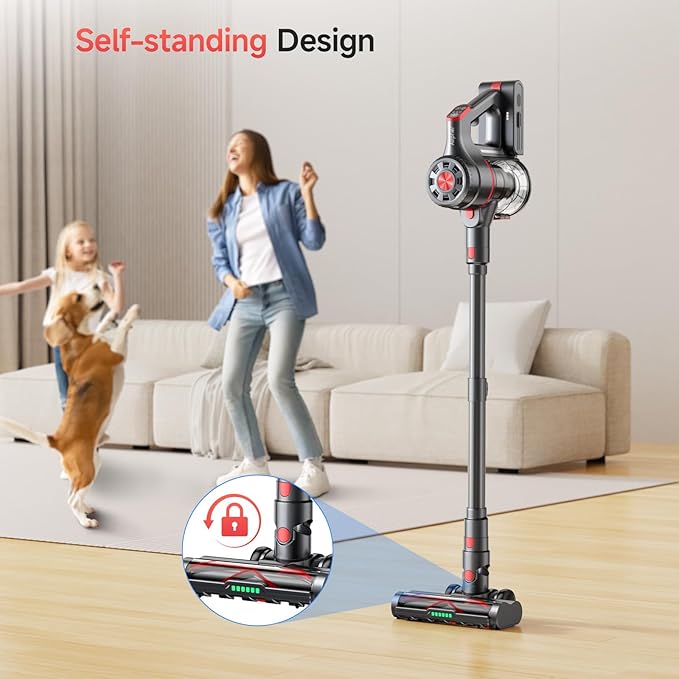 Cordless Vacuum Cleaner, 550W 45KPA Dual Motor Stick Vacuum for Home with 60mins Runtime, 6 LED Green Headlights, Self-Standing Design, V-Shaped Floor Brush for Carpet Tile Pet Hair Hardwood Floors-Ruum Studio Home