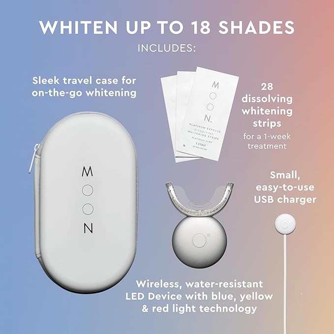 MOON LED Teeth Whitening Kit - Platinum Teeth Whitener Device + 28 Dissolving White Strips - Yellow, Blue, + Red Light Therapy Whitening Tray for Gum Health and Fresh Breath (4 Piece Kit)-Ruum Studio Home