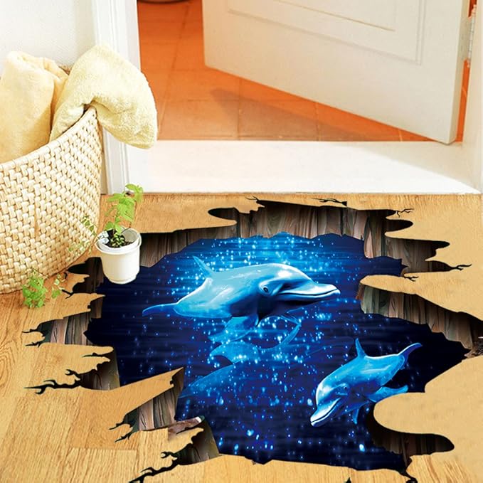 Quanhaigou 3D Wall Decals Stickers Wall Murals Wallpaper Decor for Home Floor Living Room (Blue Dolphin)-Ruum Studio Home