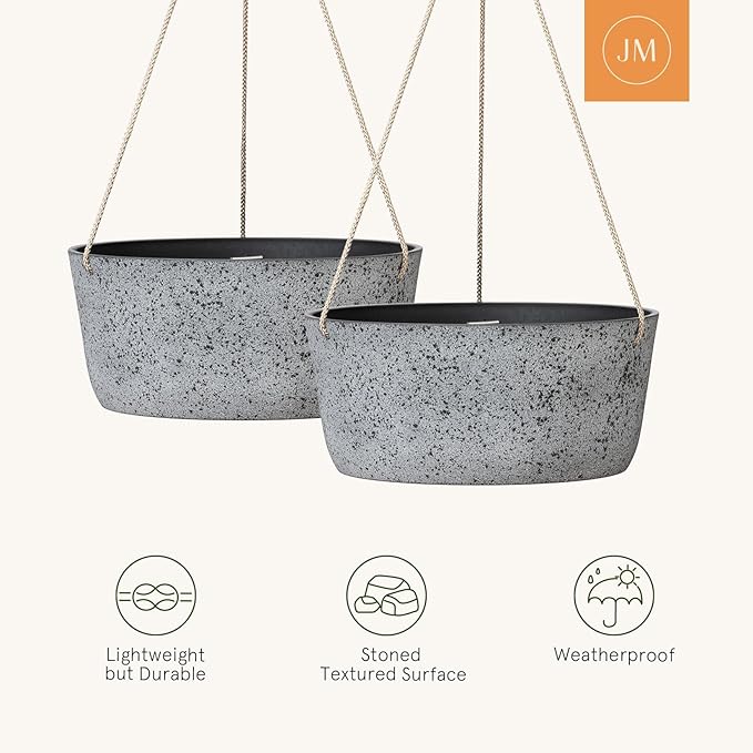La Jolie Maison Large Hanging Planters - 12 Inch Outdoor Flower Pots, Rock Gray Hanging Garden Planters Set of 2-Ruum Studio Home