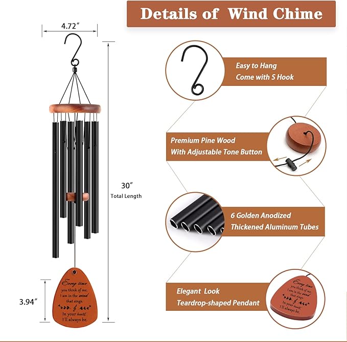 Sympathy Wind Chimes, Memorial Wind Chimes for Loss of Loved One, Sympathy/Memorial/Bereavement/Condolence Funeral Gifts in Memory of a Loved One Mother Father, 30" Wooden-Ruum Studio Home