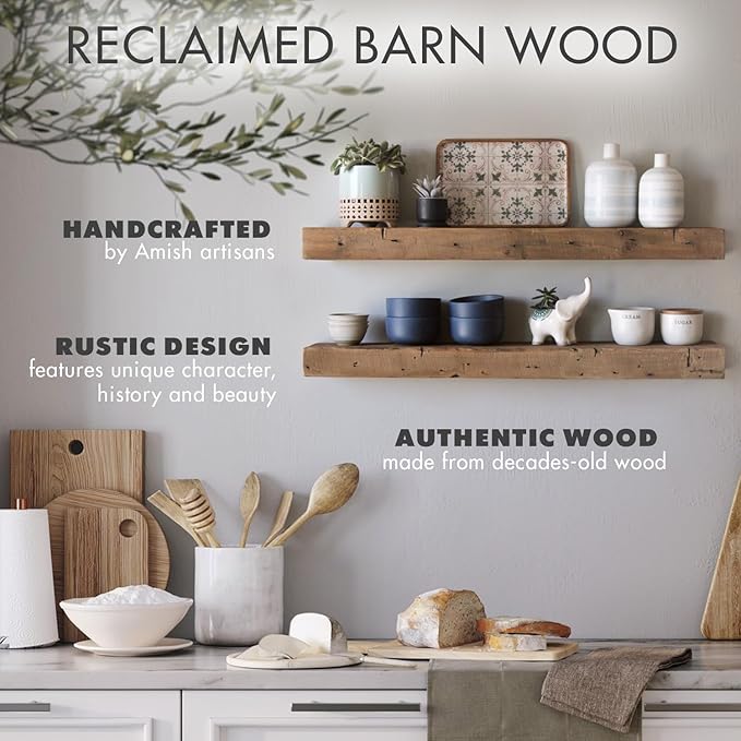 Urban Legacy Reclaimed Barnwood Planks | Floating Shelves for Wall w/Flush Mount Shelf Bracket Set Included | Set of 2 (Natural, 40"x 4.5"x 2")-Ruum Studio Home