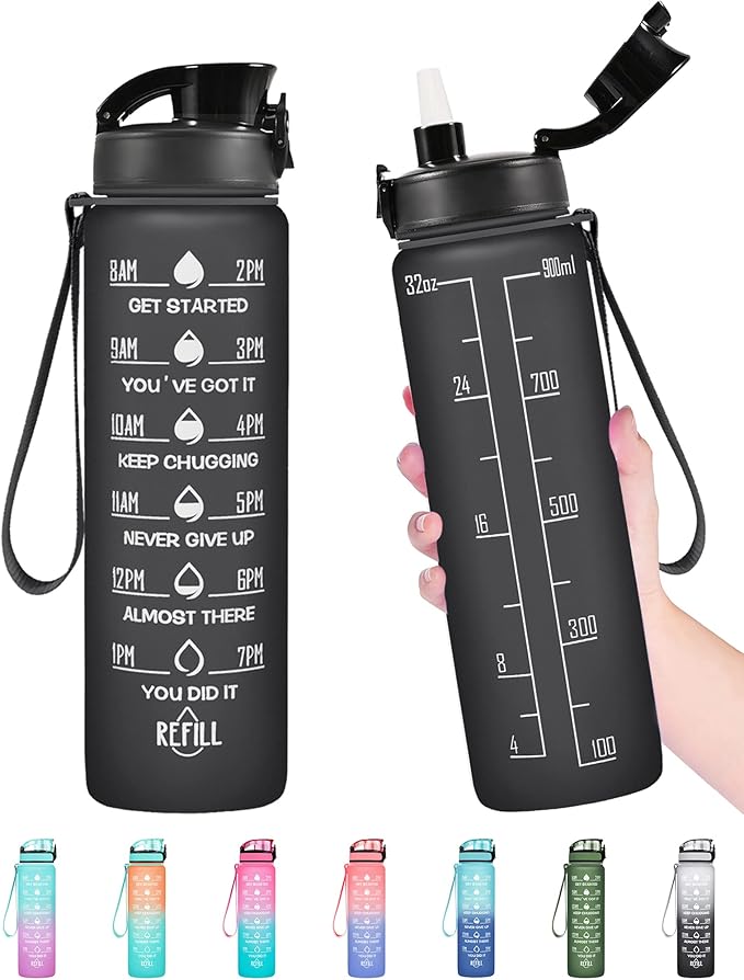 Enerbone Water Bottle, Leakproof BPA & Toxic Free, Motivational Water Bottle with Times to Drink and Straw, Fitness Sports Water Bottle with Strap for Office, Gym, Outdoor Sports-Ruum Studio Home