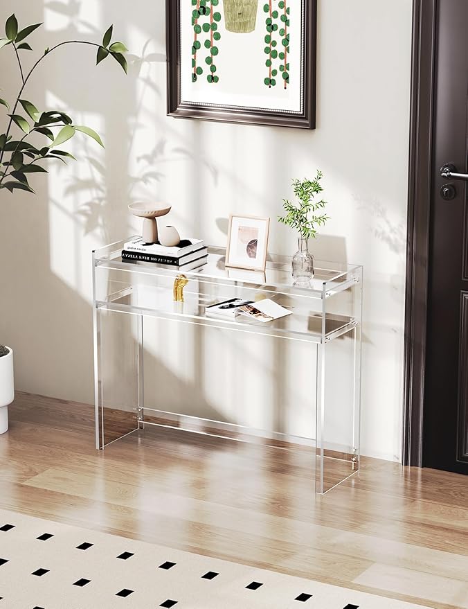 Acrylic Console Table, Entryway Table with Storage Shelves (1, 39.4 * 31.5 * 11.7) (Clear)-Ruum Studio Home