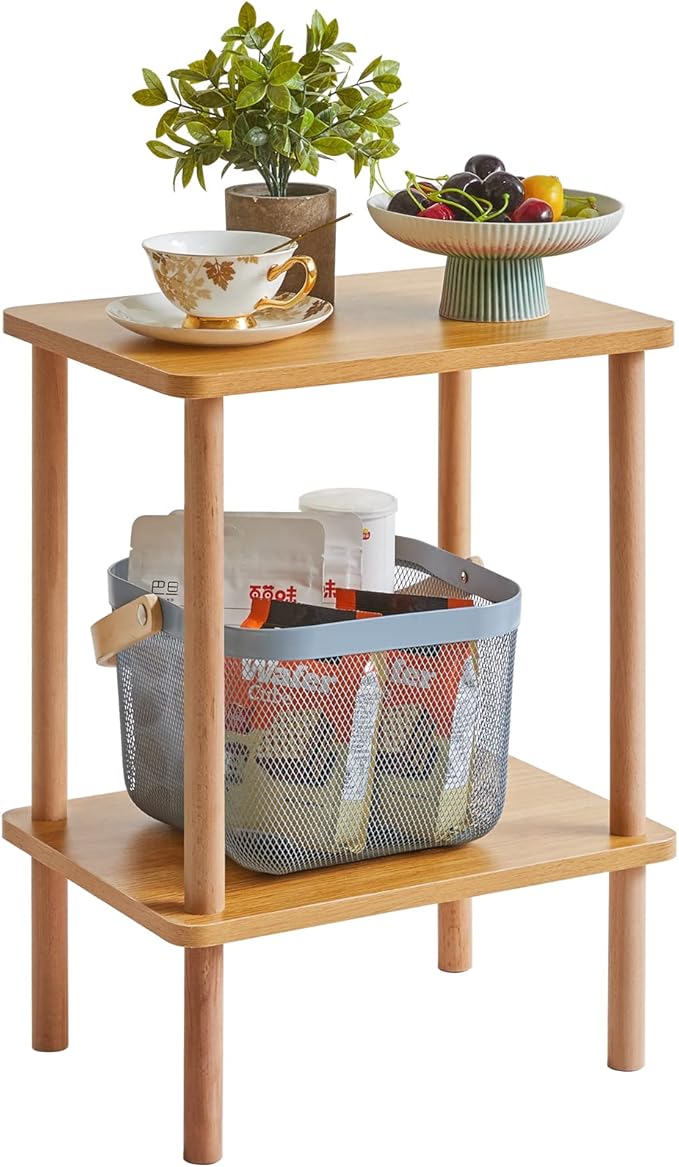 IBUYKE 2-Tier Side Table, Solid Wood Tall End Table with Storage Shelves, Nightstand Bedside Table for Living Room Bedroom Office, No-Tool Assembly, Natural UWST002N-Ruum Studio Home