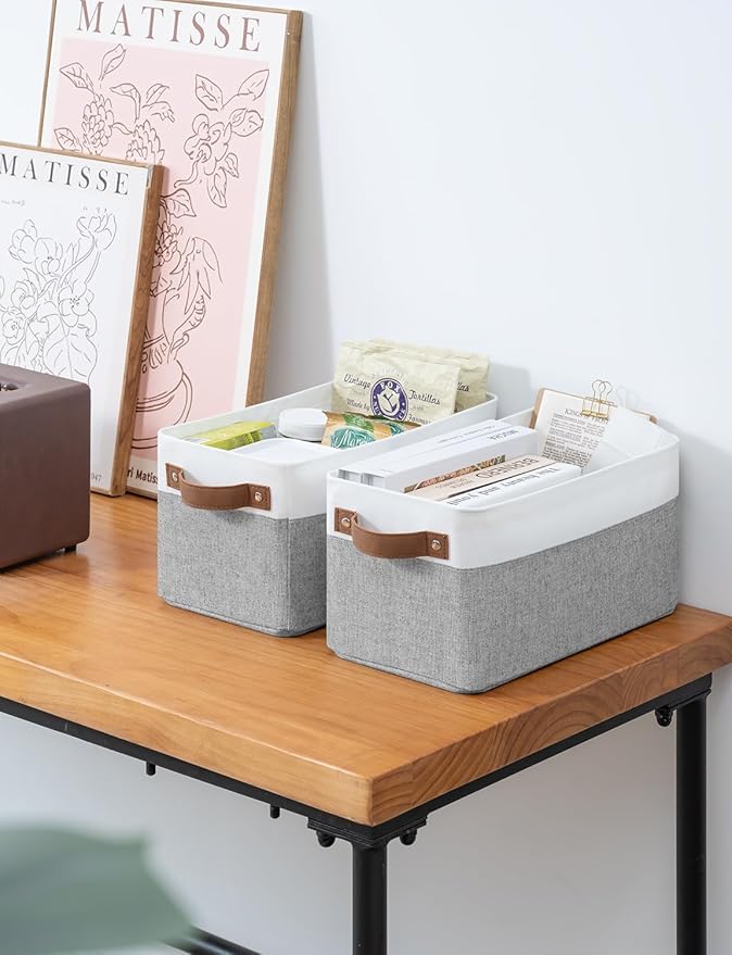 StorageWorks Narrow Storage Bins, Small Basket for Closet and Shelves, Rectangular Fabric Organizer with Handles, Toilet Paper Storage, Gray and White Stripes, 2-Pack-Ruum Studio Home