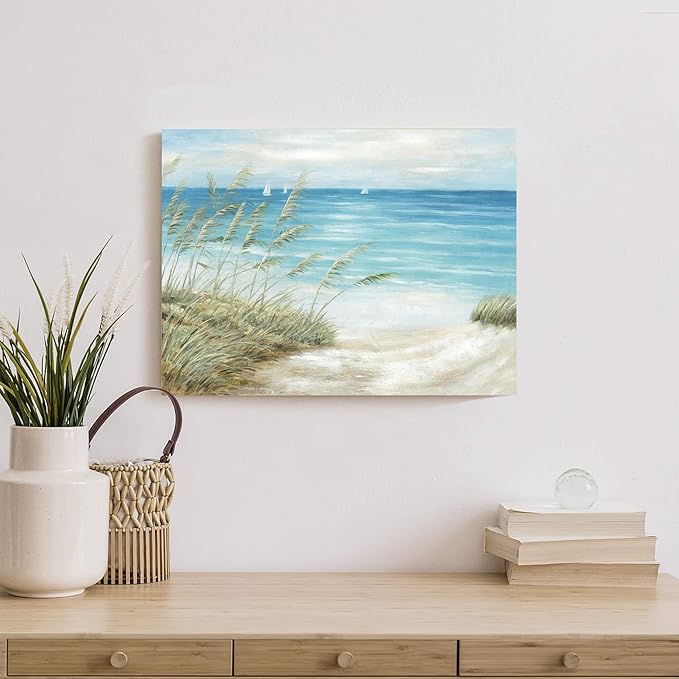 Beach Sea Canvas Wall Art: Seaside Coastal Reed Painting Blue Ocean Nautical Picture Modern Minimalist Seascape Grass Path Artwork Decor for Living Room Bedroom-Ruum Studio Home