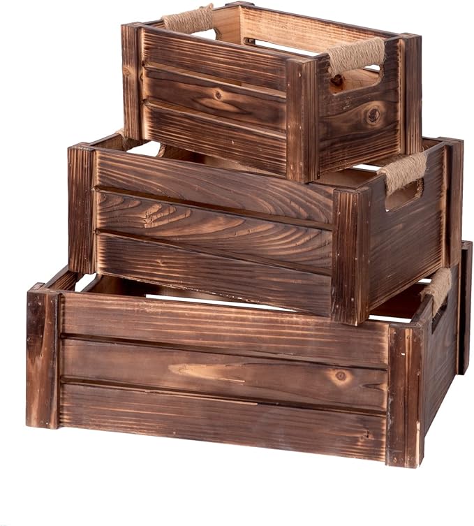 TIMRIS Set of 3 Rustic Wood Nesting Crates, Farmhouse Wooden Storage Container Boxes with Cutout Handles, Decorative Wooden Baskets for Display (Rustic Brown)-Ruum Studio Home