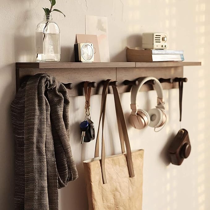 Entrance Coat Rack ，Coat Hooks, Wall-Mounted Wooden Hook Rack, Wall-Mounted Shelves are Very Suitable (Walnut Colored Finish-2)-Ruum Studio Home