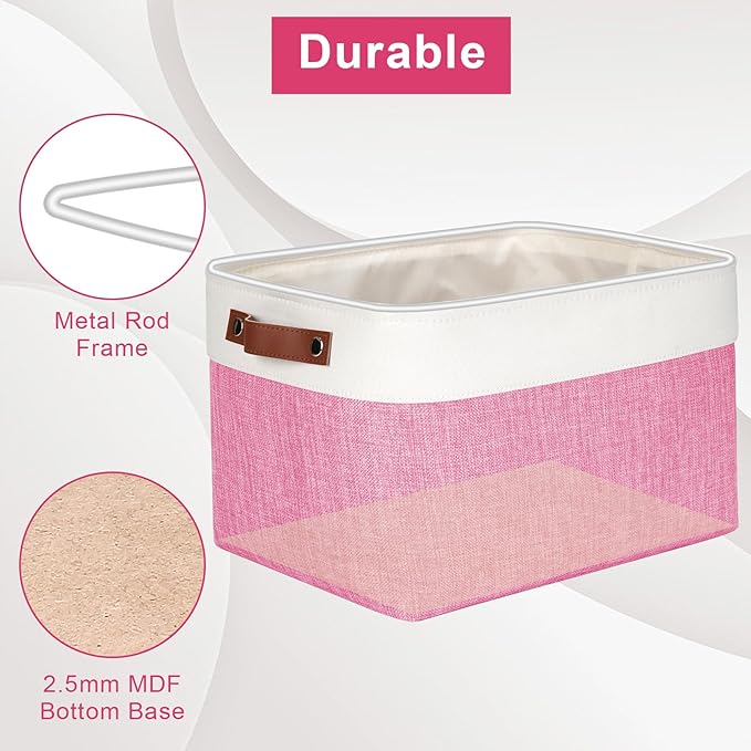 Storage Bins Large Fabric Storage Baskets for Shelves 3 Pack, Decorative Linen Closet Baskets with Handles for Organizing, Shelf, Clothes, Home, Office, 15x11x9.5Inches (Pink&White)-Ruum Studio Home