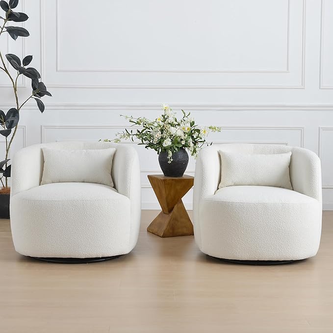 KINWELL 34" Wide Sherpa Swivel Barrel Chairs Set of 2, No Assembly Round Boucle Upholstered Accent Chairs Armchairs Single Sofa Chair with Toss Pillow for Living Room and Bedroom, Beige-Ruum Studio Home