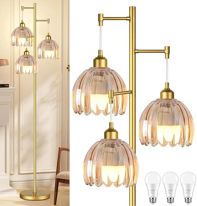 Gold Floor Lamp for Living Room,Bedroom,Tree 3 Light Standing Lamp Mid Century Modern Brass Tall Floor Lamps Vintage Retro Floor Lights Glass Flower Amber Lamp Shade Farmhouse Boho Bohemian-Ruum Studio Home