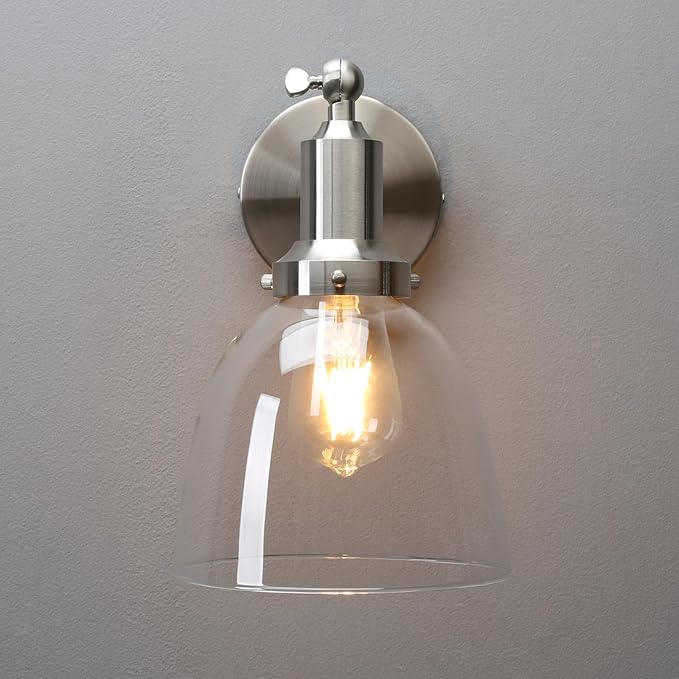 PERMO Industrial Vintage Slope Pole Wall Mount Single Sconce with 6.7" Oval Dome Clear Glass Shade Wall Sconce Light Lamp Fixture (Brushed Nickel)-Ruum Studio Home