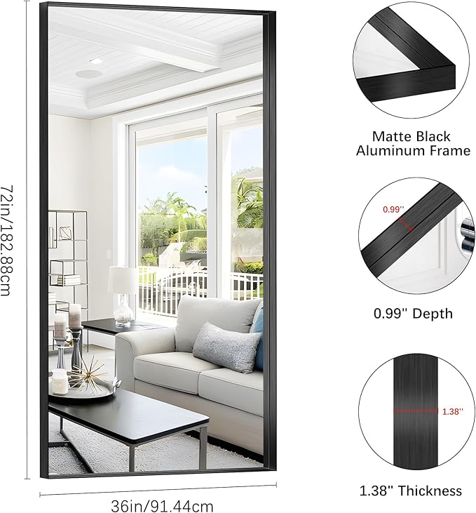 Black Bathroom Mirror, 72x36 Inch Rectangular Deep Frame Mirror, Large Wall Mounted Bathroom Vanity Mirror Over Sink for Bedroom,Restroom, Living Room, Hangs Vertically or Horizontally-Ruum Studio Home